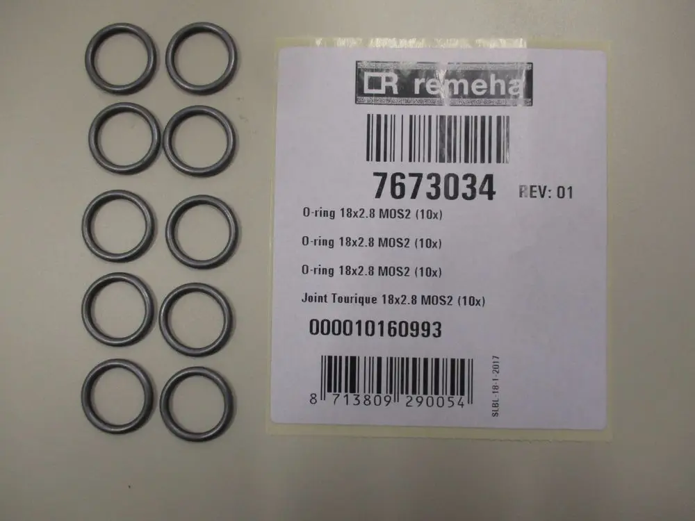 O-Ringe in zwei Reihen angeordnet, mit Remeha-Logo und Artikelinformationen auf einem Etikett im Bild. Die O-Ringe sind in einer neutralen Farbe dargestellt.